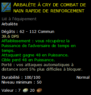 Arbalète à cry de combat de nain rapide de renforcement