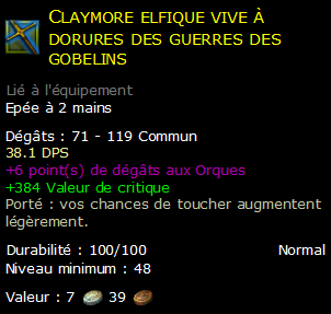 Claymore elfique vive à dorures des guerres des gobelins