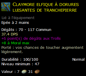 Claymore elfique à dorures luisantes de tranchepierre