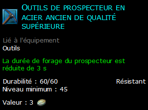 Outils de prospecteur en acier ancien de qualité supérieure