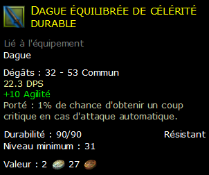 Dague équilibrée de célérité durable
