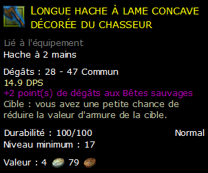 Longue hache à lame concave décorée du chasseur