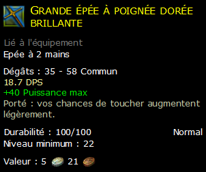 Grande épée à poignée dorée brillante