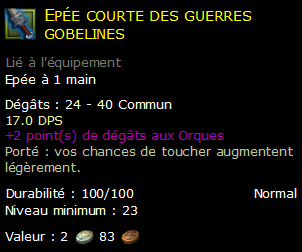 Epée courte des guerres gobelines