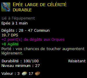 Epée large de célérité durable