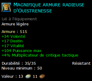 Magnifique armure radieuse d'Ouistrenesse