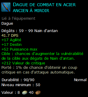 Dague de combat en acier ancien à miroir