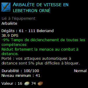 Arbalète de vitesse en lebethron orné