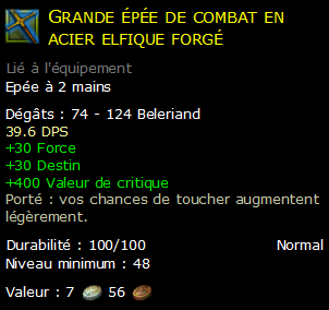 Grande épée de combat en acier elfique forgé