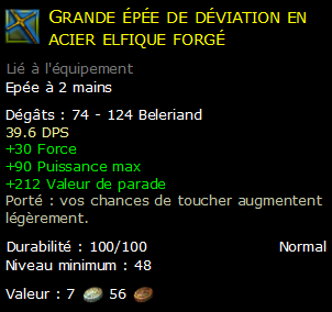 Grande épée de déviation en acier elfique forgé