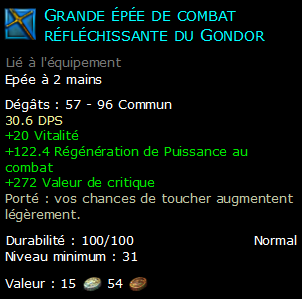 Grande épée de combat réfléchissante du Gondor