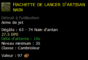 Hachette de lancer d'artisan nain