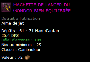 Hachette de lancer du Gondor bien équilibrée