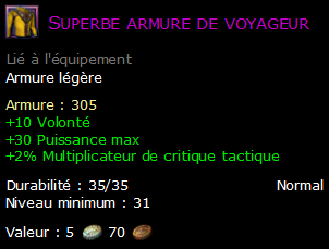 Superbe armure de voyageur