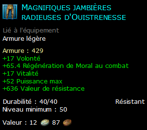 Magnifiques jambières radieuses d'Ouistrenesse