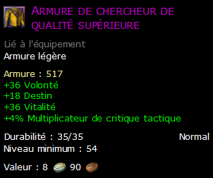 Armure de chercheur de qualité supérieure