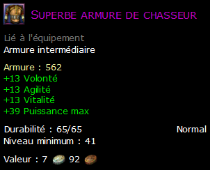 Superbe armure de chasseur