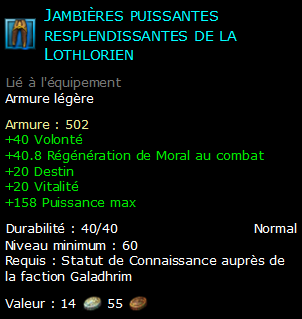 Jambières puissantes resplendissantes de la Lothlorien