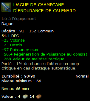 Dague de caampgane d'endurance de calenard